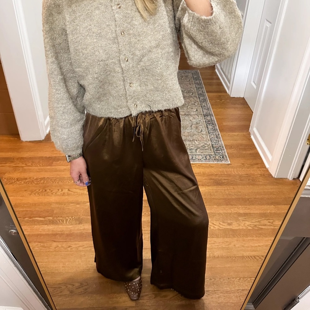 Shop 128 Chocolate Brown Satin Wide-Leg Pants